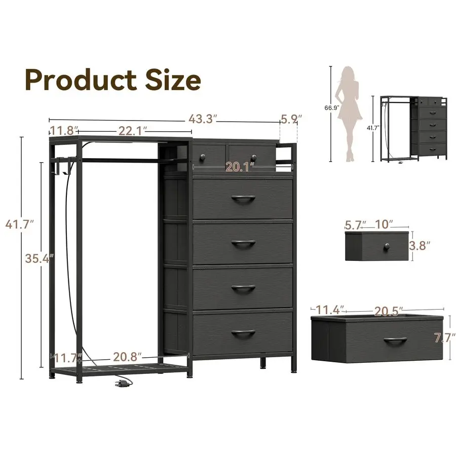Cômoda para quarto com rack para pendurar roupas, cômoda reversível para quarto com sapateira 6 gavetas de tecido, baú de armazenamento 3 em 1