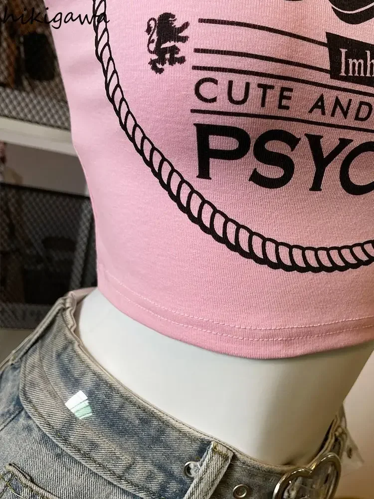 Top corto con espalda descubierta para Mujer, camiseta sin mangas con letras rosas dulces, Túnica Harajuku con cadena, chaleco Sexy Y2k, Ropa de