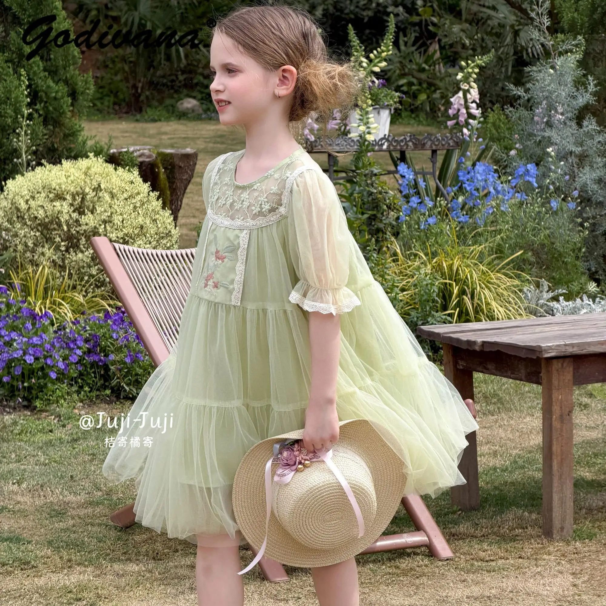 Sweet Baby Girls Vintage Mori French Mesh Princess Dress 2026 New Summer Puff Sleeve O-neck Loose Fit Floral Embroidery Dress