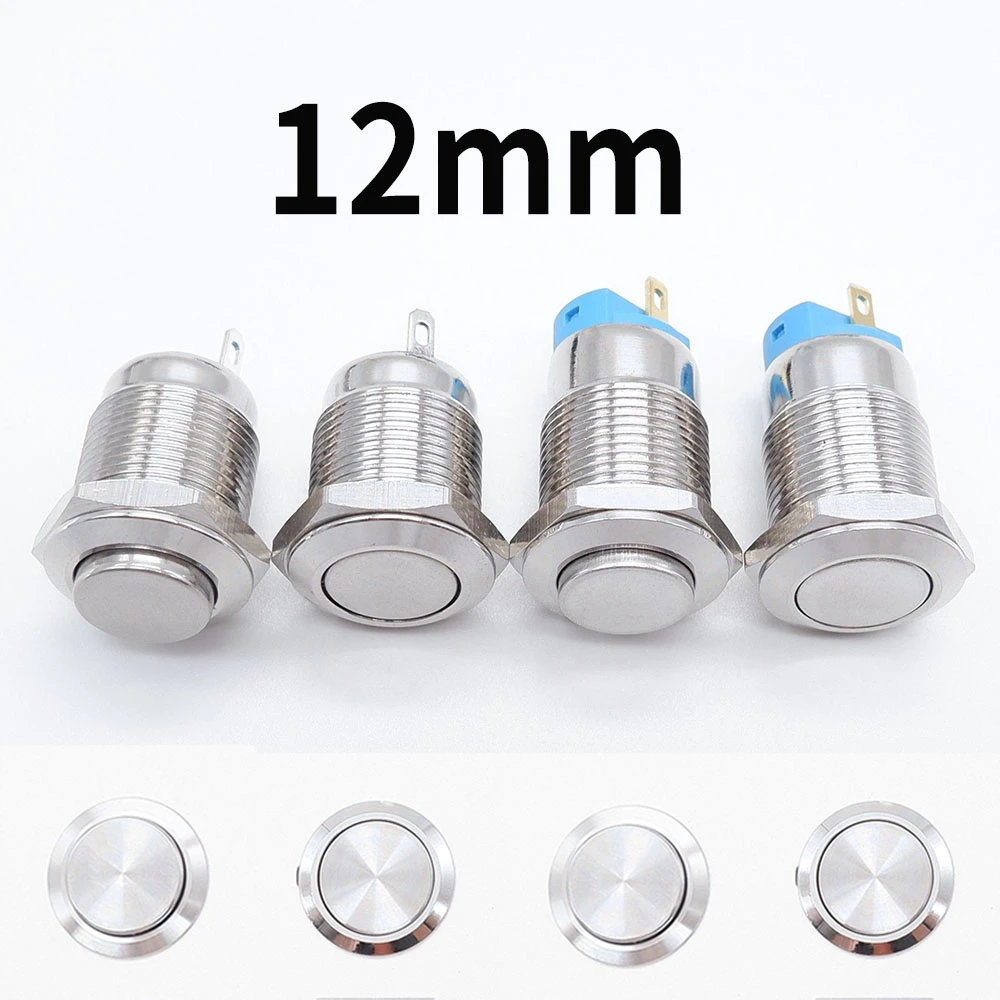 12mm Metal Push Button Switch Black Silver On Off NO LED Press Button Momentary Locking Car Computer Horn Flat High Head 1NO