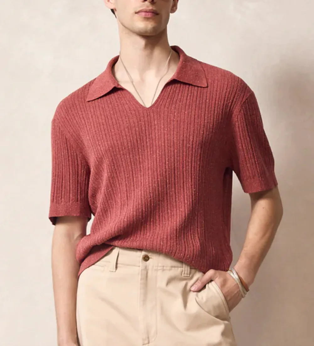 American European New Fashion Men's Red Grey Solid Color Casual Trendy Turn-down Collar Short Sleeve Knitted T-shirts Male Tops
