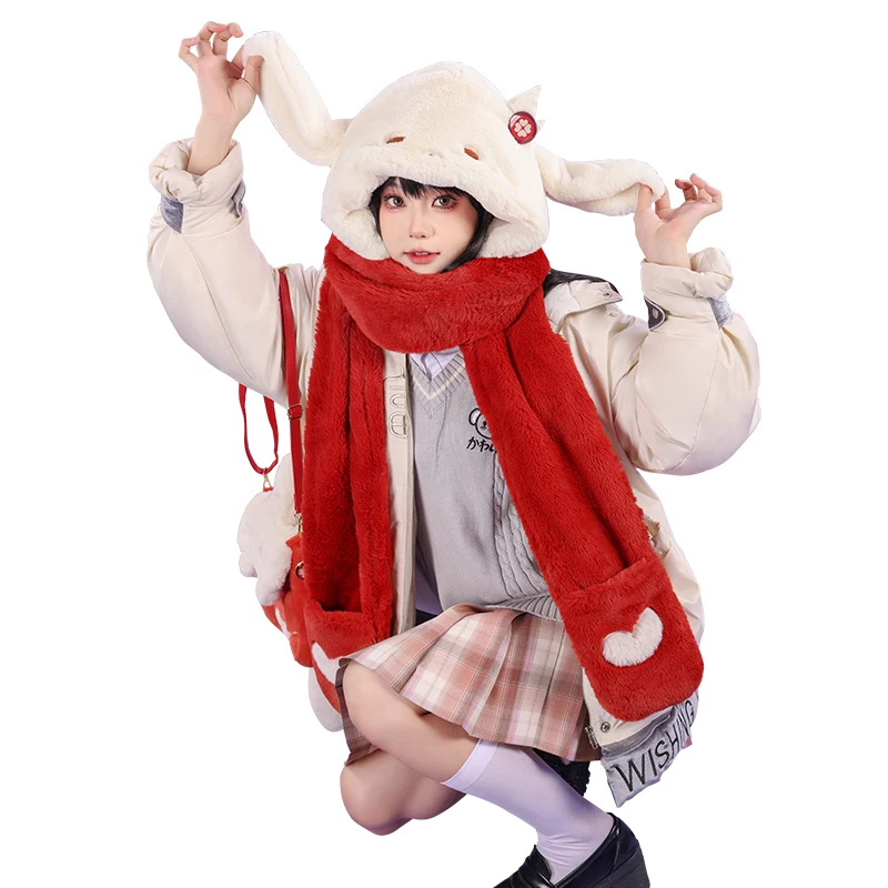 Genshin Auswirkungen Cosplay Nette Cartoon Hut Schal Handschuhe Set Mädchen Kawaii Winter Plüsch Alle-in-one Kapuzen Warme handschuhe Weihnachten Geschenke