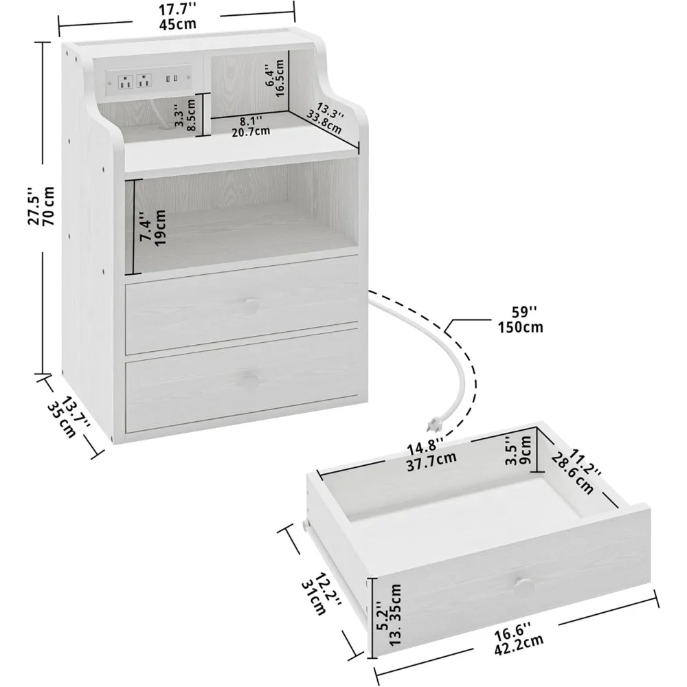 White Nightstand with Charging Station 2 Drawers and Storage Shelves, Left and Right Interchangeable Sockets,Nightstands