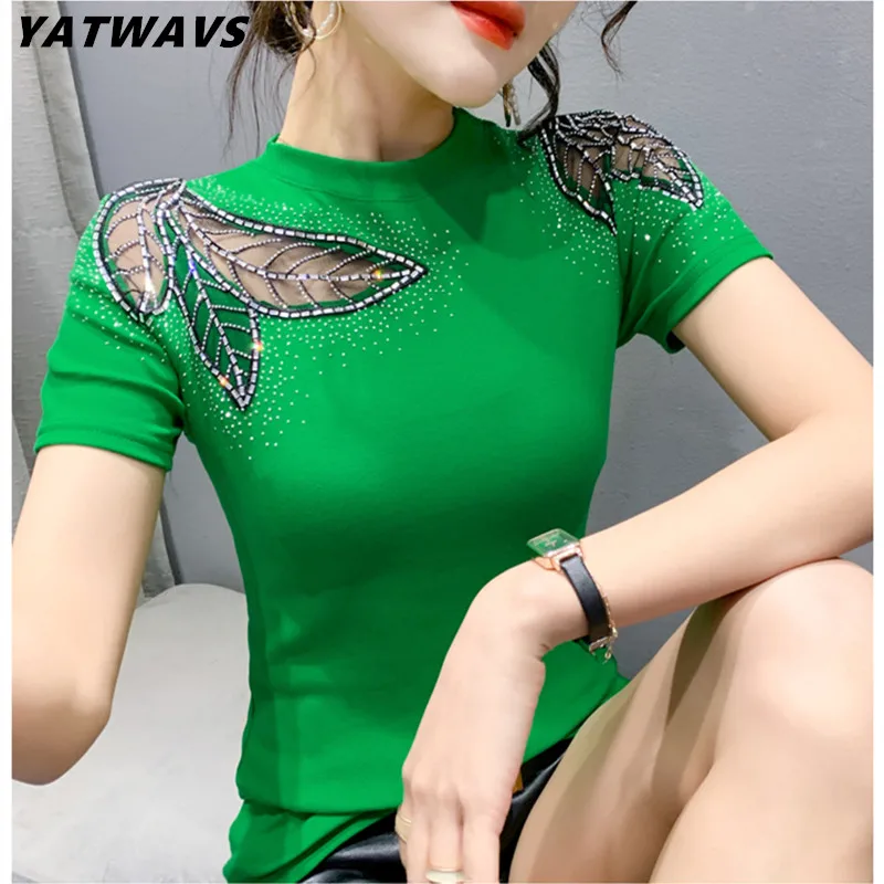 

2024 New Fashion Cotton T-Shirt Chic Sexy Diamonds Hollow Out Women Tops Short Sleeve Bottoming Shirt Tees European Lady Clothes