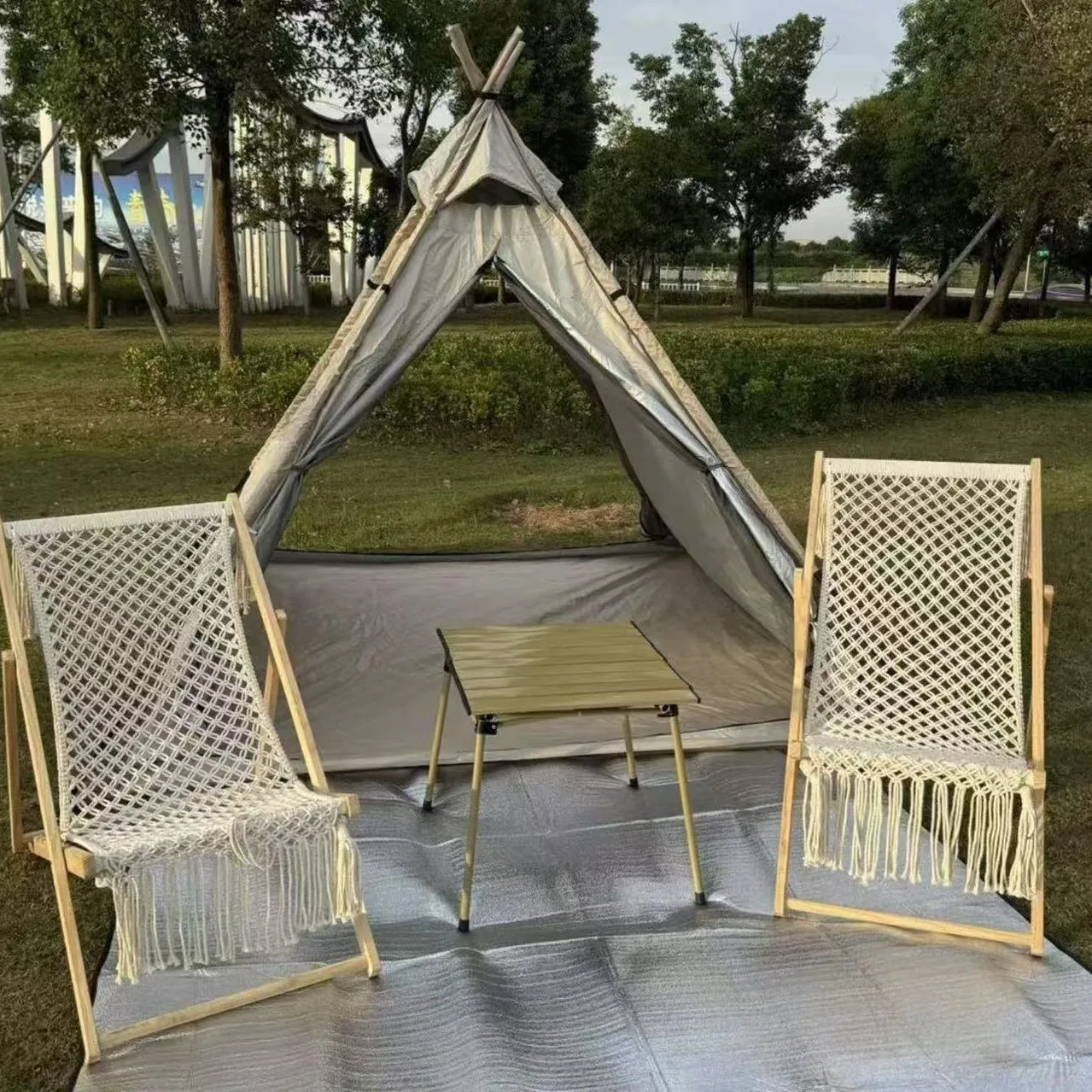 Outdoor camping pyramid waterproof and windproof double layer door curtain quick opening portable camping awning wild