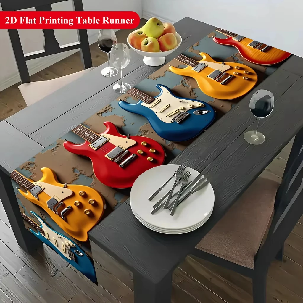 Vibrant Table Runner Printed With Colorful Electric Guitars Pattern, Rock Music Style Ornament, Perfect For Dining Table, Coffee