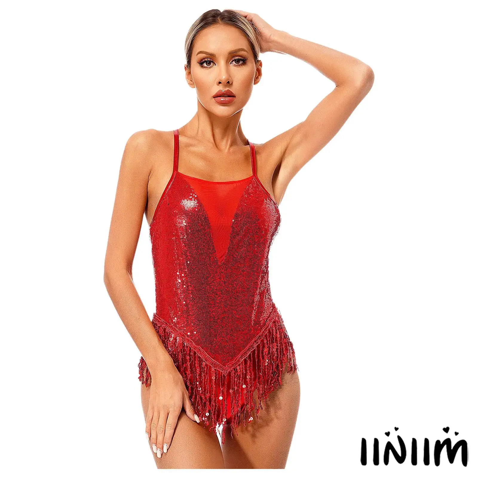 

Women's Mesh Fringed Latin Dancewear Sequin Jazz Bodysuit Leotard with Waist Tassels for Cha-Cha Samba Stage Performances Shows