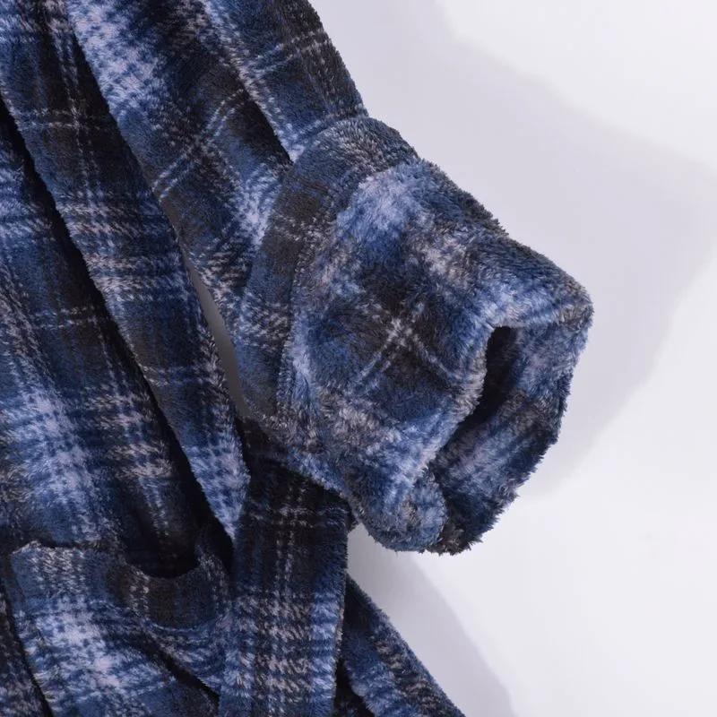 Pajamas For Men Autumn Long Sleeve Thin Coral Velvet Robe Plaid Bathrobe Leisurely Nightgown