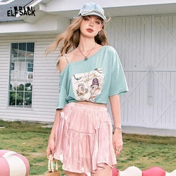 ELFSACK 2024 Summer New Arrivals Pearl off-shoulder sling sexy off-shoulder design versatile short-sleeved T-shirt for women