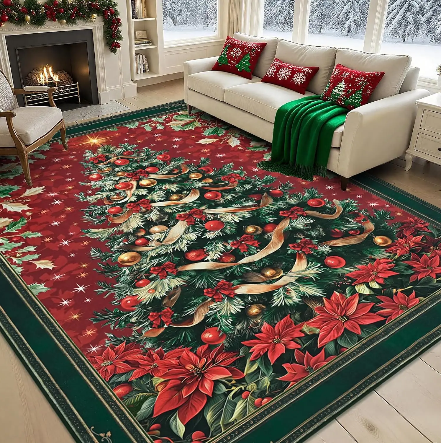 1pc 2D Flat Red Background Christmas Tree Poinsettia Printed Floor Mat, Decorative Rug for Living Room, Bedroom, Home