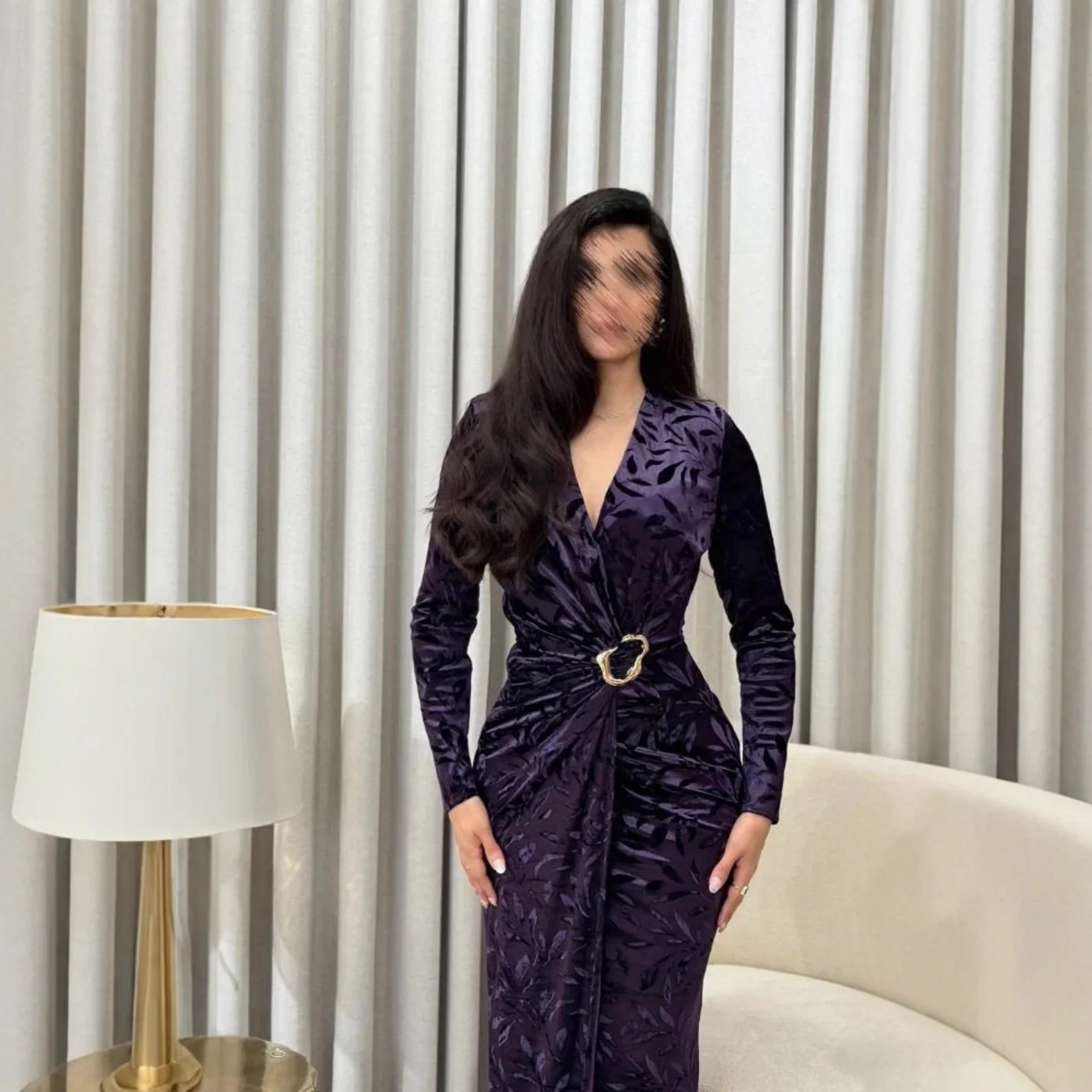 Women Spring Europ-American Style Sexy Bodycon Evening Gown Fashion Purple Floral Print V Neck Metal Buckle Waist Slim Fit Dress
