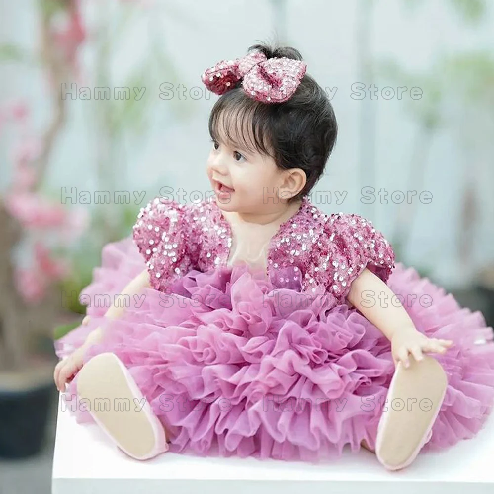 Cute Baby Girl Flower  Dresses Short Princess Sleeve V Neck Ruffles Tulle Glitter Sequin Birthday Party Gown Communion Dress