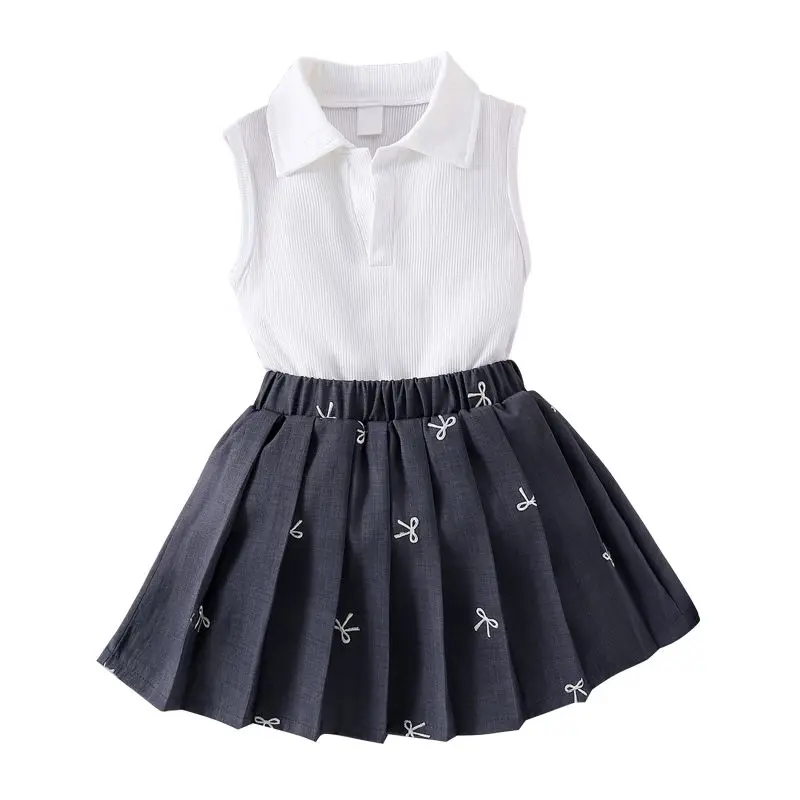 

Children Girls Sports Suits Solid Color Sleeveless Top+Dress 2025 Summer Tennis Clothes Sets