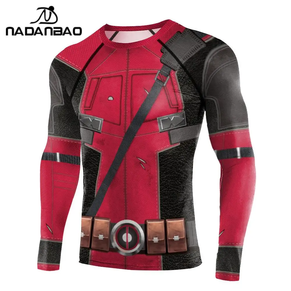 NADANBAO Men Long Sleeve  Anime Deadpool Wolverine Print Compression Shirts Workout Swim Rash Guards Surfing Workout Fitness Top