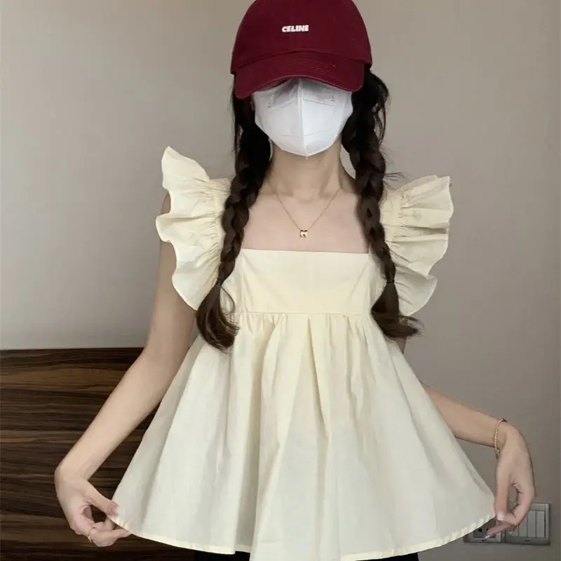 Fly Sleeve Shirts and Blouses Korea Square Collar Fashion Woman Blouse 2024 Ruffles Ladies Top Female Solid Sleeveless Clothes