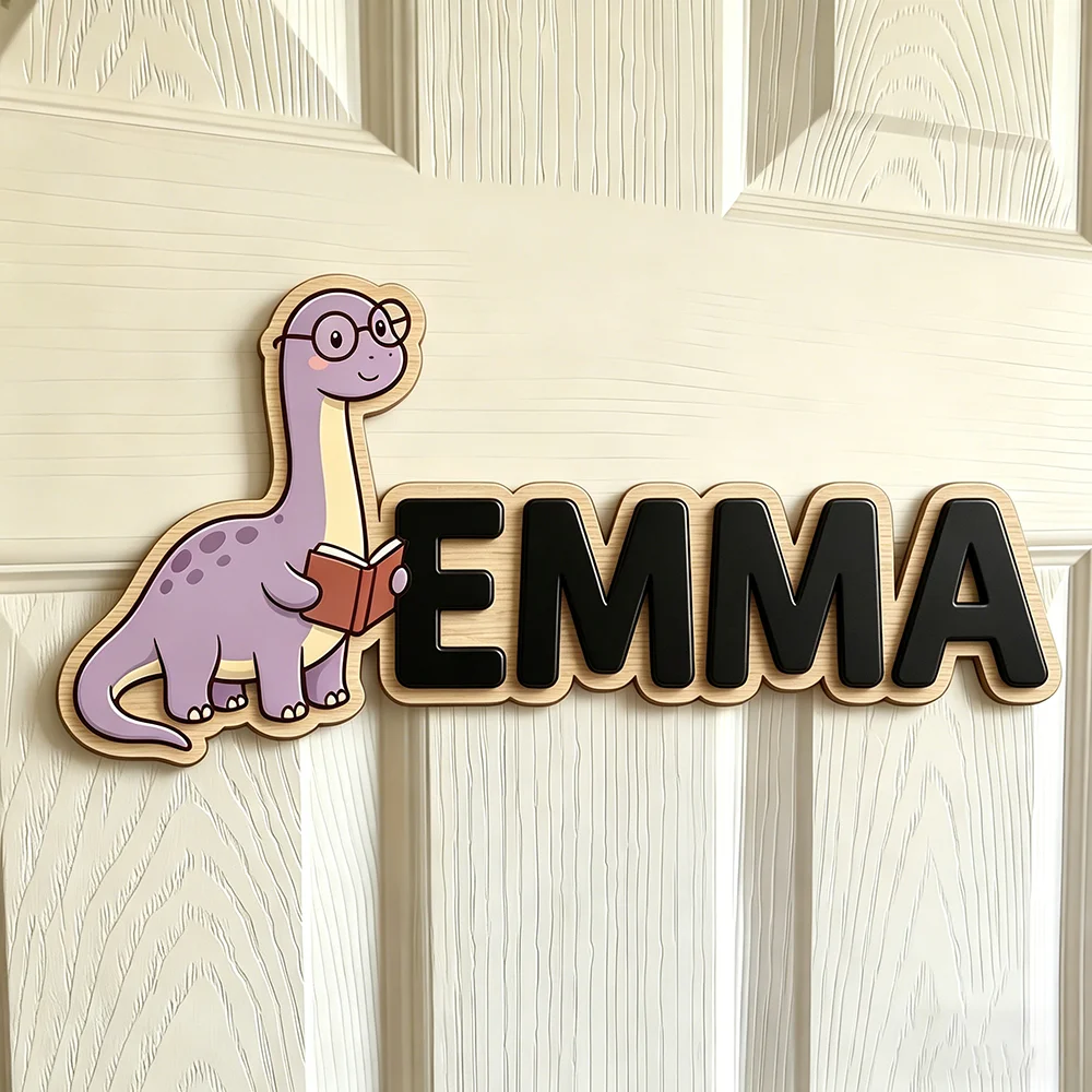 Whimsical Nerdy Dinosaur Custom Name Plaque for The Dearest Baby, Unisex Study-Themed Nursery Decor view 4