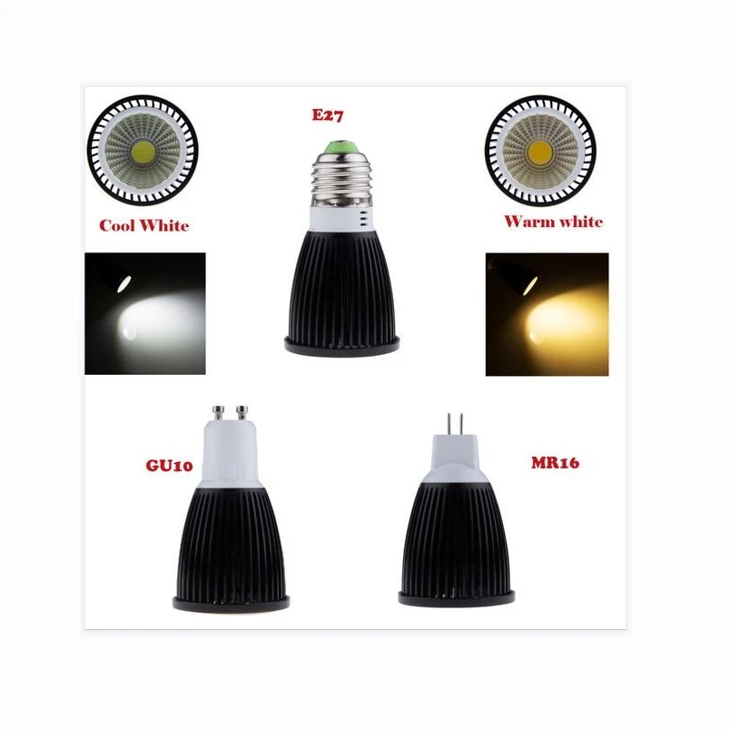 New Black Aluminum COB LED Spotlight 6W 9W 12W 100LM/W Cold White Warm White E27 GU10 MR16 LED Spot Light Bulb For Home Lighting