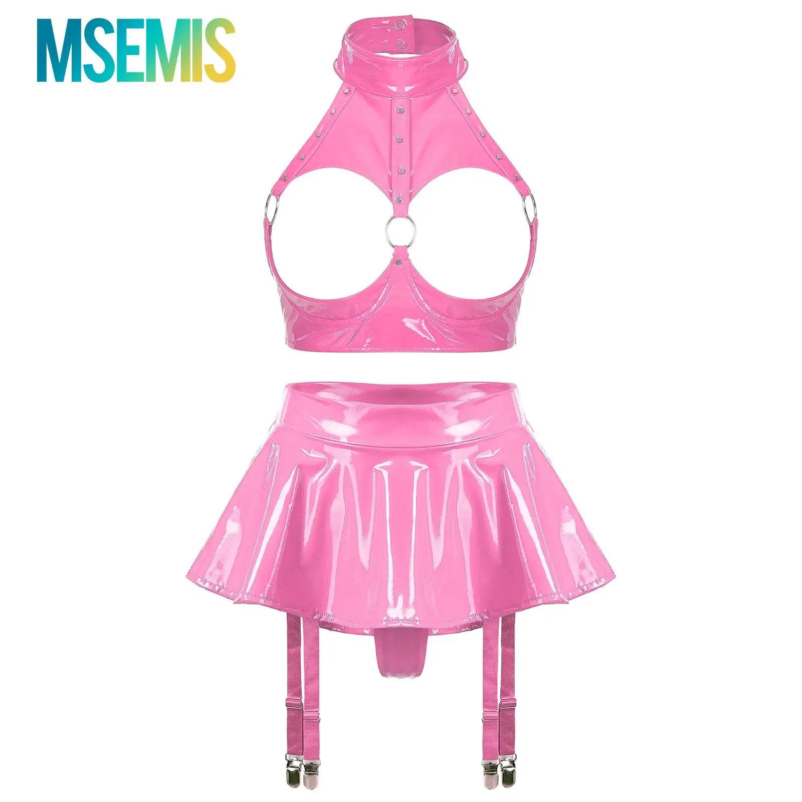 

Womens Wet Look Patent Leather Lingerie Set Wire-free Open Cup Breast Bra Top with Ruffle Built-in Thongs Garter Belt Mini Skirt