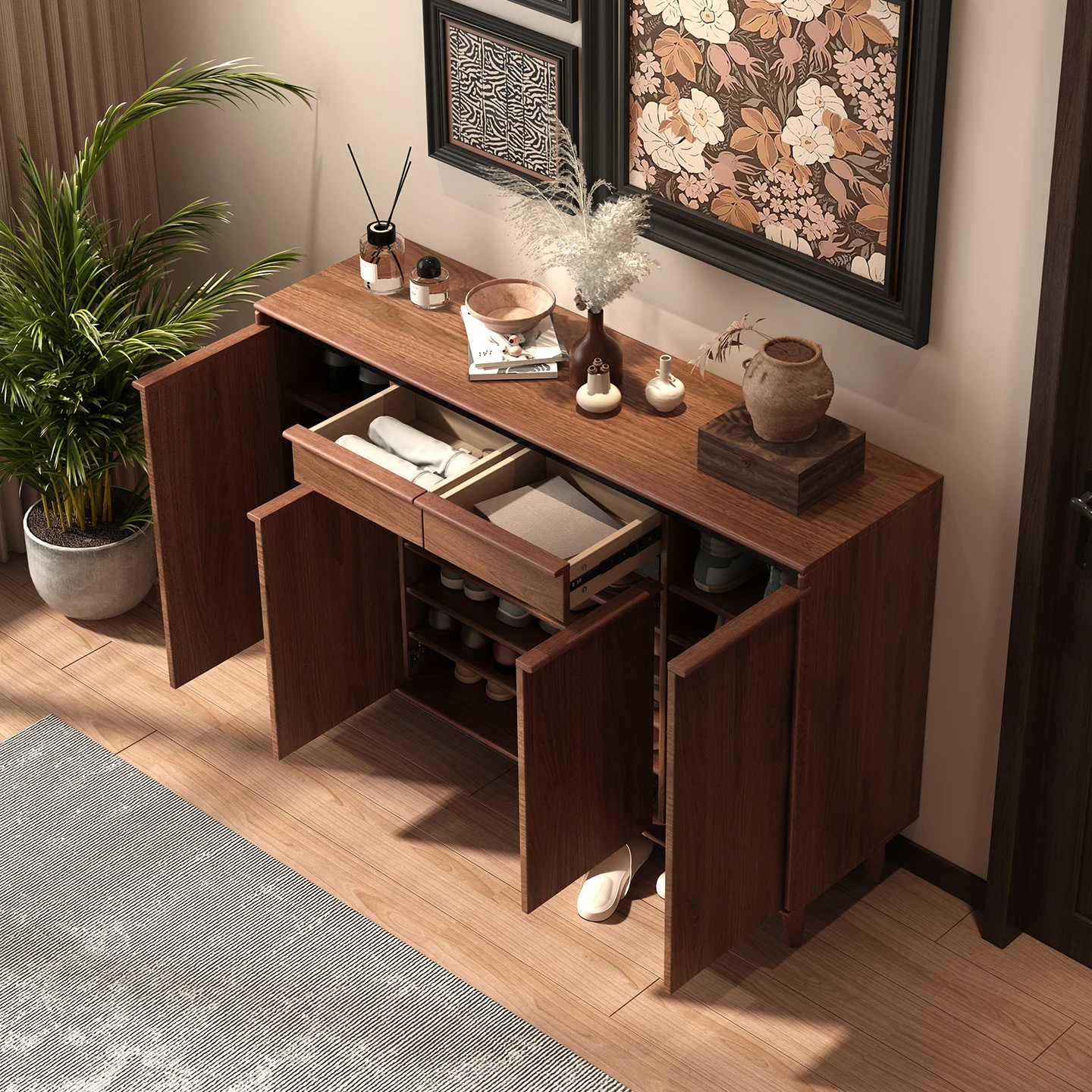 Solid Wood Shoe Rack, Extendable Solid Oak Wood Shoe Cabinet, Hidden Design Shoe Storage Organizer for Living Room and Entryway