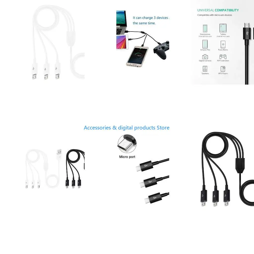 77JD Lightweight 3 in 1 Charging Cable 1m Multiple Cord USB to Micro USB Splitter Cord Simultaneous Charging Cable