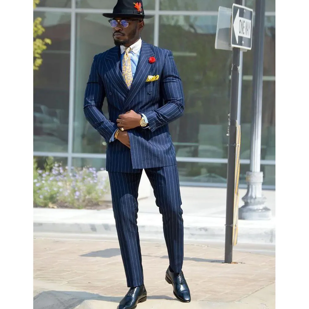 Classic Blue Men Suits 2 Pieces Jacket Pant Double Breasted High Quality Special Occasion Peak Lapel Male Clothing Fashion