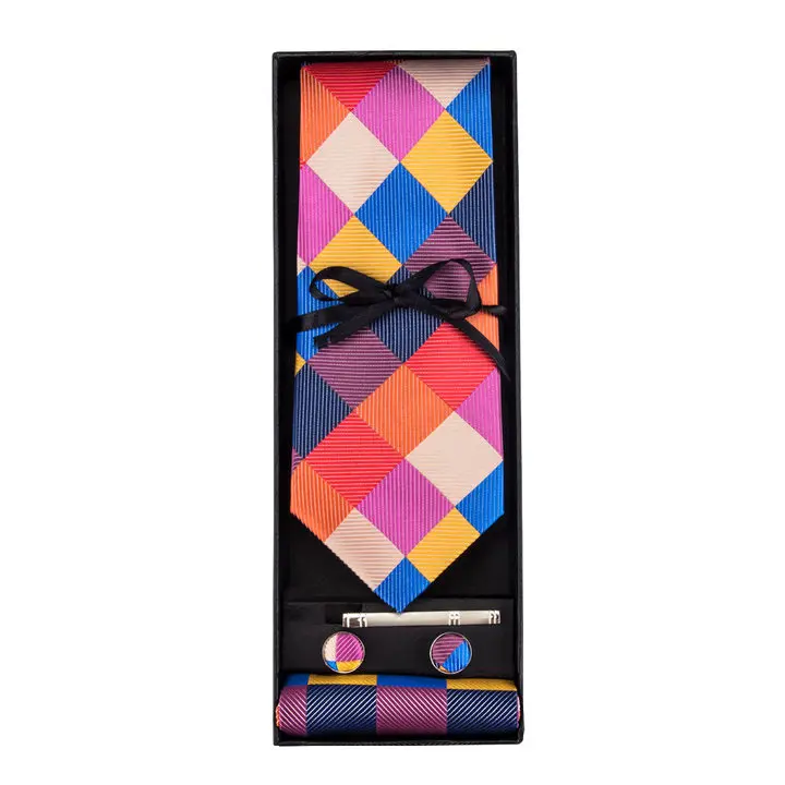 Hi-Tie Patchwork Plaid Printed Men's Woven Tie Patchwork Color Necktie Tie Set Cufflinks Tie Clip Men's Gift Set