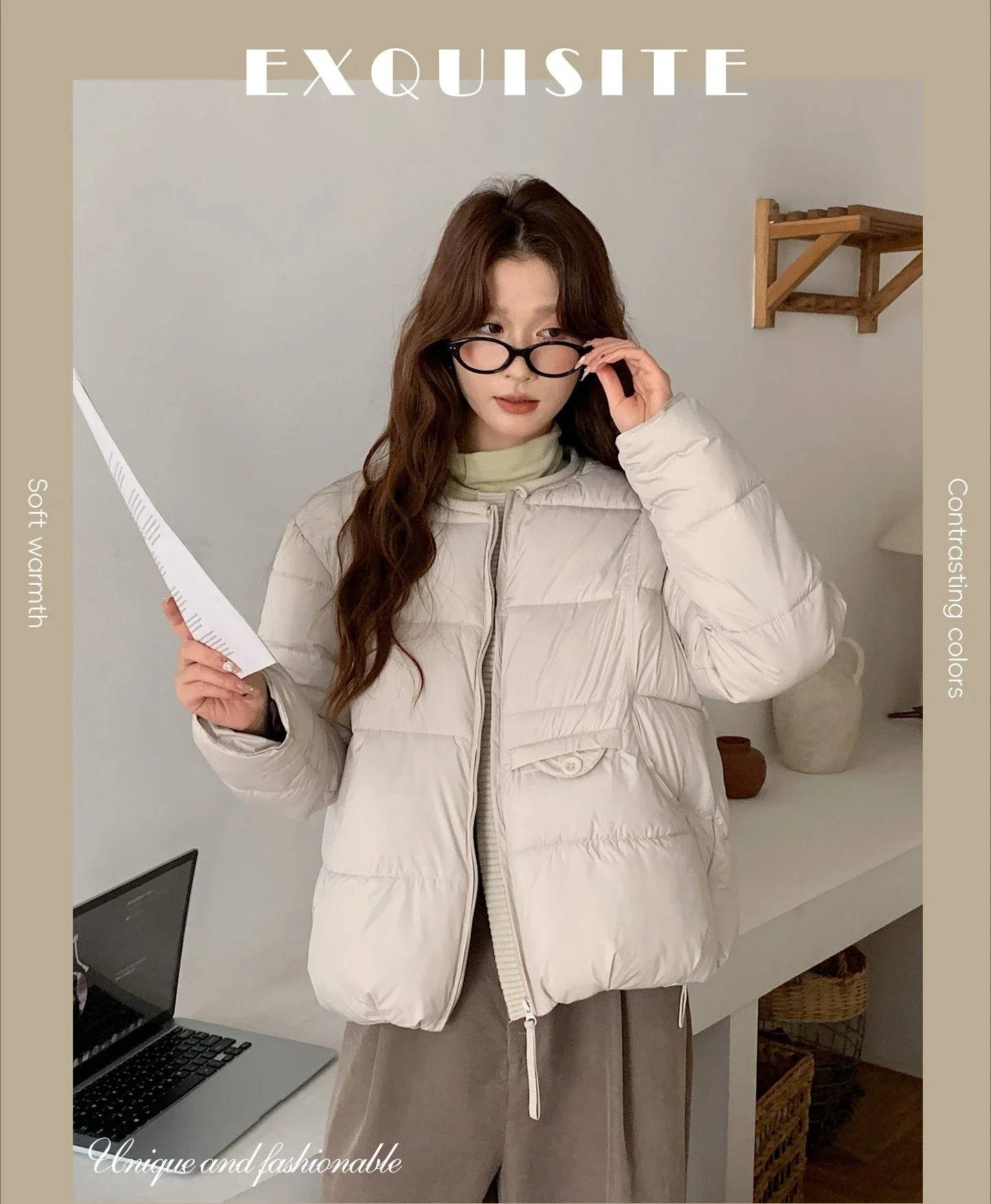 2026 Winter Women's Jacket Korean Patchwork Zipper Stylish Parkas Minimalist Versatile Coat Warm O-Neck Cotton Padded Outerwear