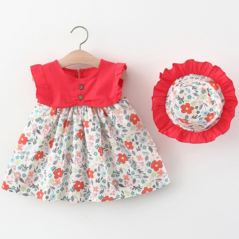 

2Piece Sets Summer Baby Girl Dress Korean Cute Flowers Print Plaid Sleeveless Cotton Kids Dresses+Sunhat Newborn Clothes BC2051