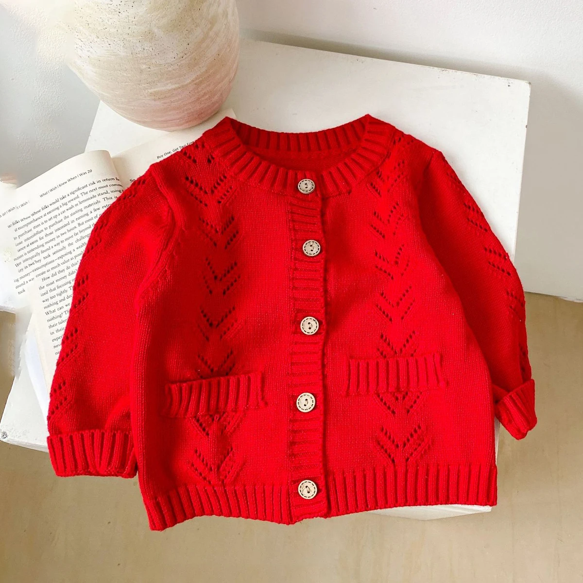 Instagram Spring and Autumn Wear 0-3 Year Old Baby Sweater New Fashion Item Solid Color Sweater Versatile Cardigan Hollow Knitte