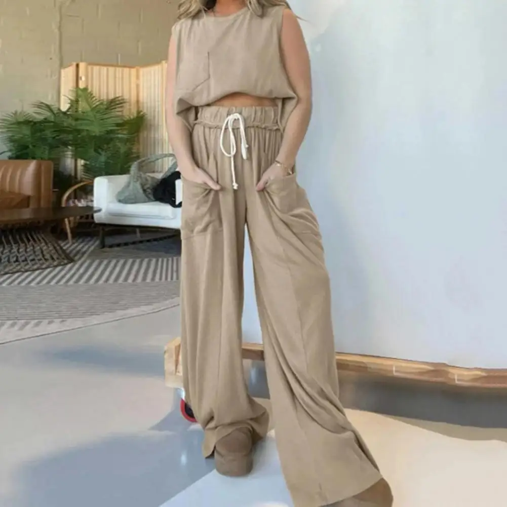 Women Two-piece Suit Round Neck Sleeveless T-shirt Full Length Wide Leg Pants Matching Set Summer Outfit Casual LadyTracksuit