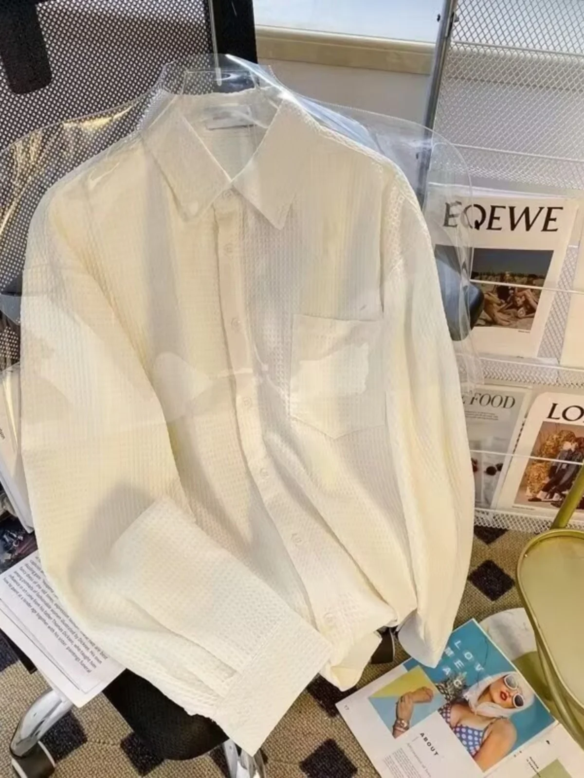 

Мужская рубашка свободного кроя с длинным рукавом, повседневная, однотонная, белая, универсальная, для весны и осени, с узором, дышащая