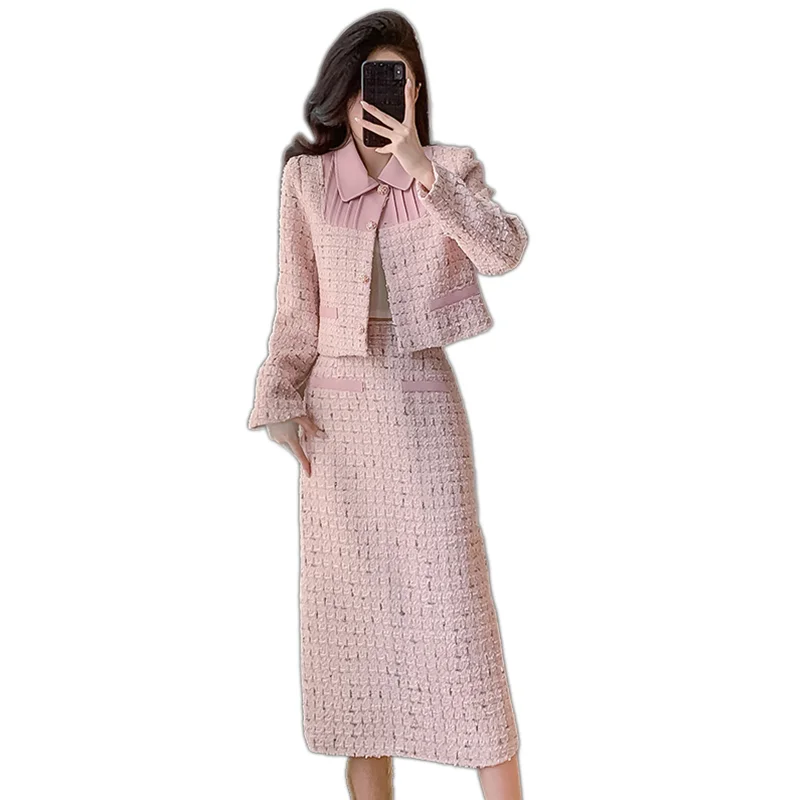 New Autumn Winter Women Sweet Pink Tweed Skirt Suits Fashion Patchwork Short Jacket And High Waist Long Skirt Two Piece Set