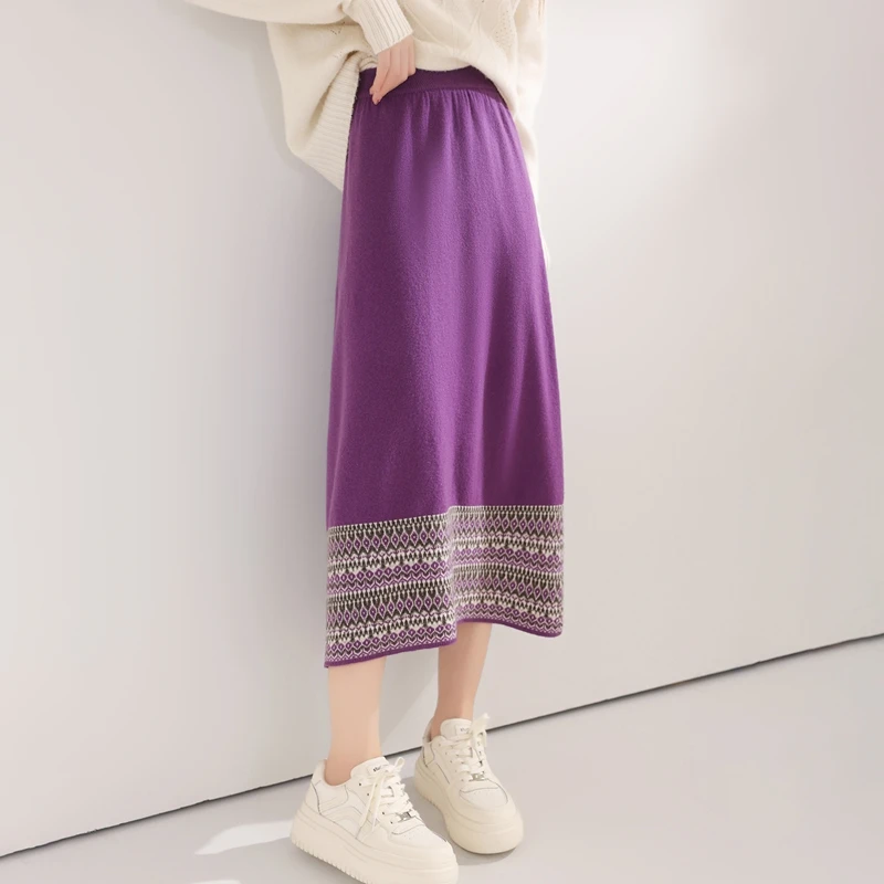 

Трикотажная юбка из 100% чистой шерсти, женская осенне-зимняя новая длинная юбка средней длины с высокой талией и бедрами, тонкая кашемировая юбка-зонтик