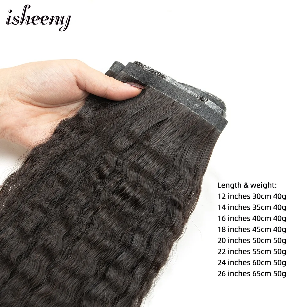 isheeny PU Weft Tape Hair Extensions Kinky Straight 12-30inch Natural Black Human Hair Bundles No Glue on Seamless Hair 40-50g