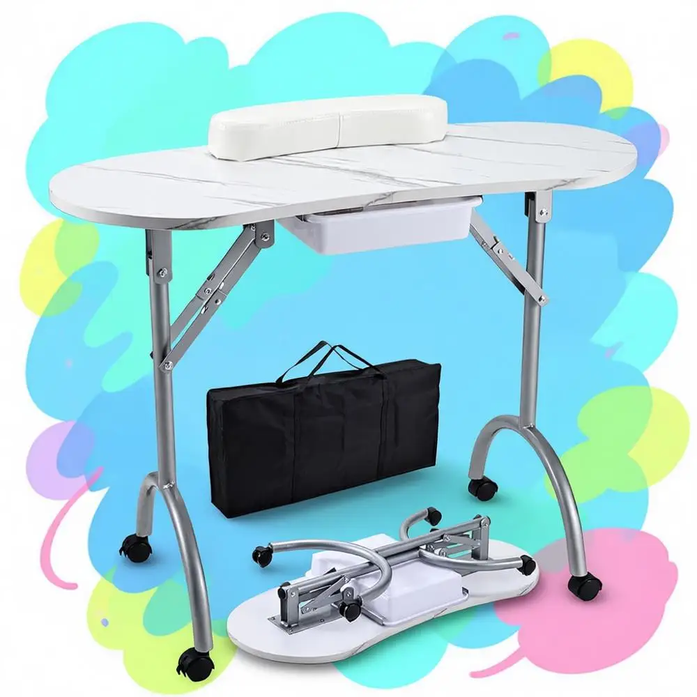 

Proional oldable & Portable Manicure Table Nail Technician Desk Workstation 4 Lockable Wheels with Der Client Wrist Pad ree Carr