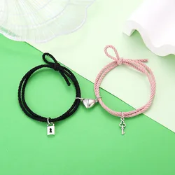 1 Pair Magnet Couple Bracelets for Lovers Lock Heart Magnetic Bracelet for Women Men Adjustable Braided Rope Jewelry Gift