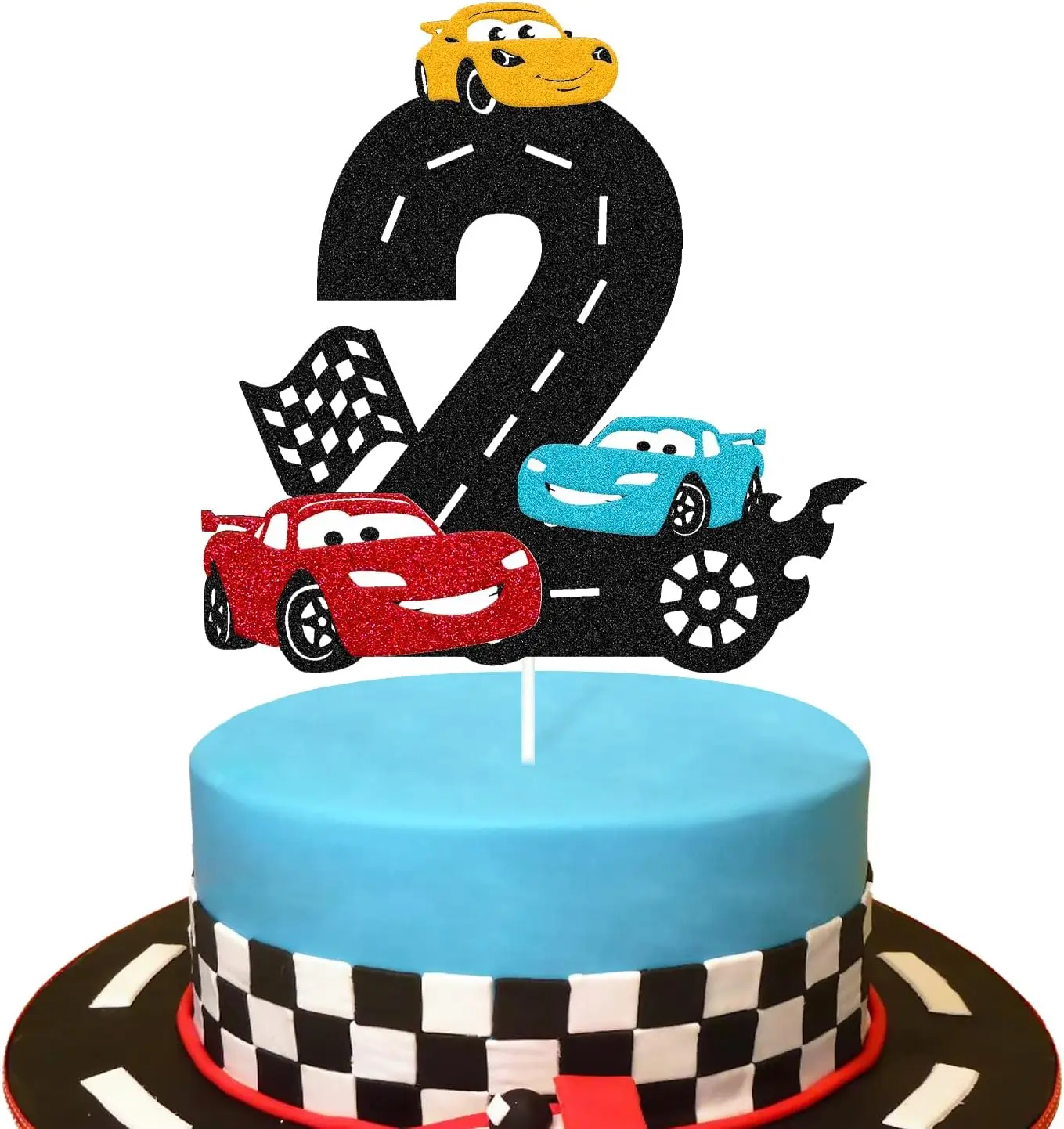 Auto da corsa 2nd Birthday Cake Topper due decorazioni per torte veloci auto da corsa bandiera a scacchi a tema bambini 2a festa di compleanno