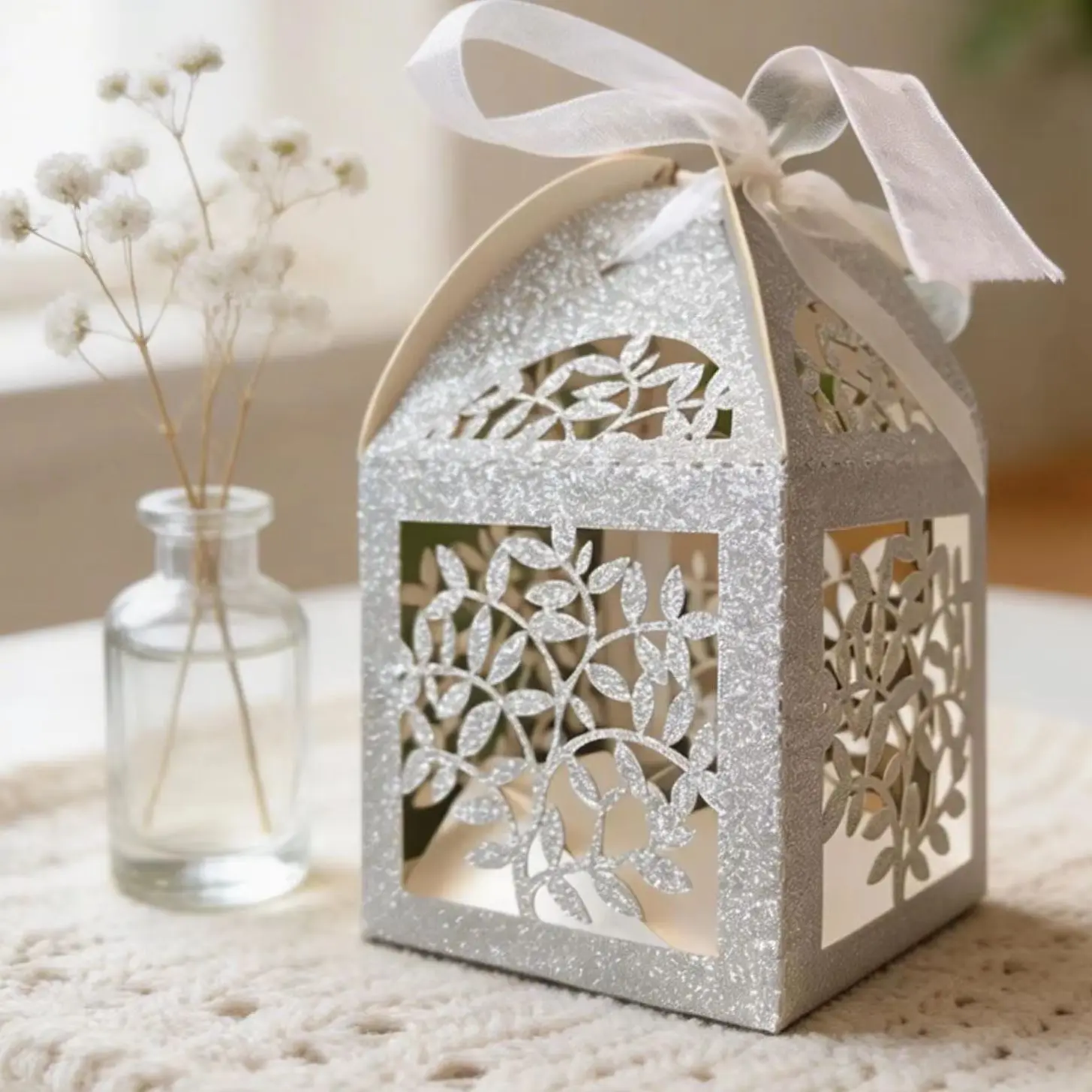 10Pcs Glitter Silver Laser Cut Wedding Favor Boxes,Elegant Hollow Candy Chocolate Gift Box with Ribbon,Souvenirs for Guests