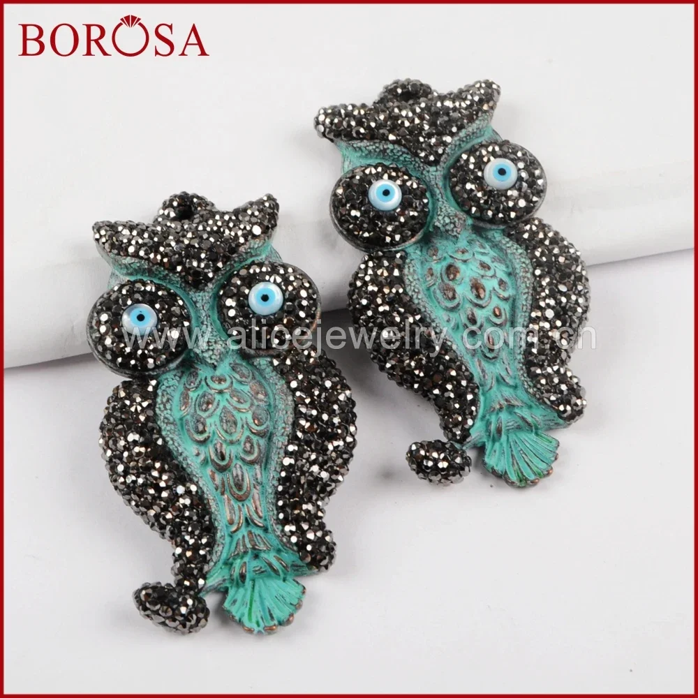 BOROSA New Arrival Owl Carved Bronze Charm Druzy With Crystal Rhinestone Pave Charm Bead Pendant for Jewelry Making JAB745