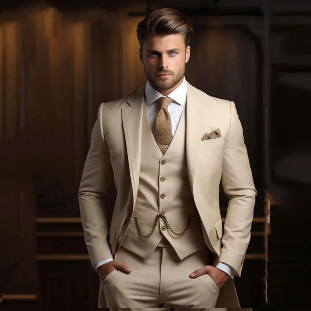 Handsome Business Suits Men For Wedding Bridegroom Champagnes Man Tuxedos Custom Made 3 Pieces Male Business Prom Blazer Sets