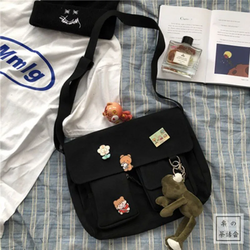 Japanische Harajuku niedlichen Retro Mädchen Umhängetasche schicke Abzeichen Leinwand Cross body Schult aschen Student einfarbige Umhängetasche Schulranzen – Detail 11