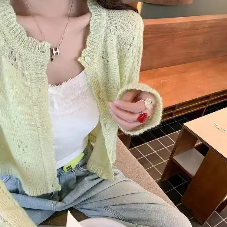 

2025 Y2k Aesthetic Women Cardigan Solid Hollow Out O Neck Knitted Pull Femme Harajuku Grunge Single Breasted Tops