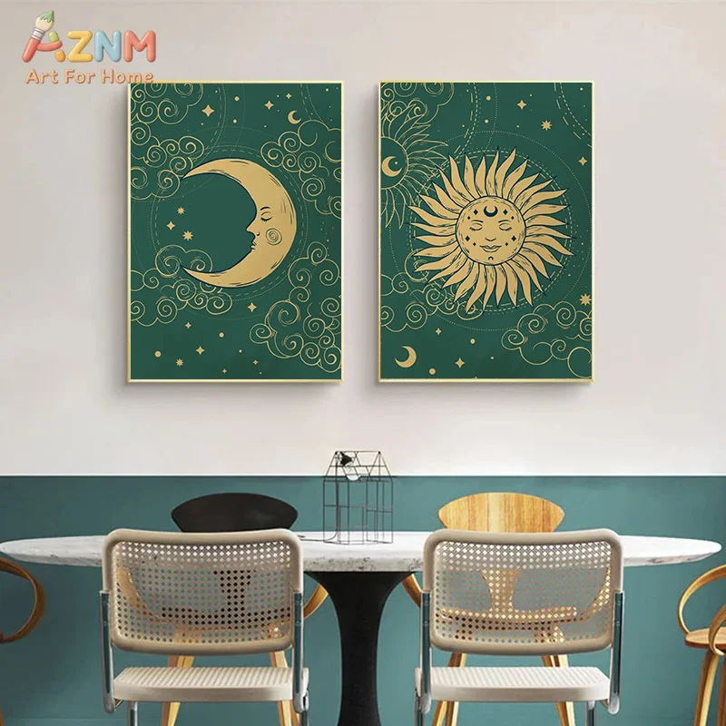 AZNM Emerald Green Golden Sun Moon Face Celestial Canvas Wall Art Mystic Boho Star Cloud Astrology Print Unframed Poster For Bed