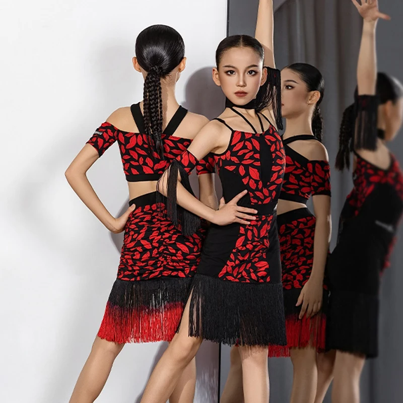 

2025 New Latin Dance Performance Costume Girls Red Tops Fringed Skirts Kids Samba Chacha Tango Latin Dance Clothing DQS20034