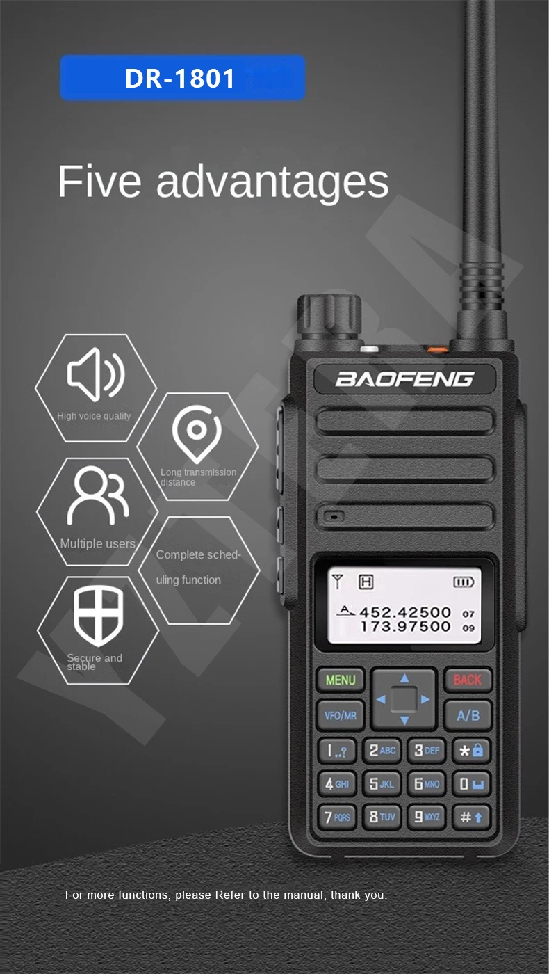 Bộ Đàm Baofeng DR-1801UV DMR Tai Nghe Bộ Đàm VHF UHF 136-174 Và 400-470MHz Dual Băng Thời Gian khe Cắm Cấp Kỹ Thuật Số Transceive DM1801