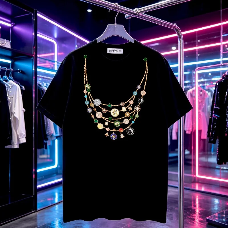 Elegant European-Style Short-Sleeve T-Shirt for Women with Jewelry Print Original Design Luxury Feel Fashionable Streetwear