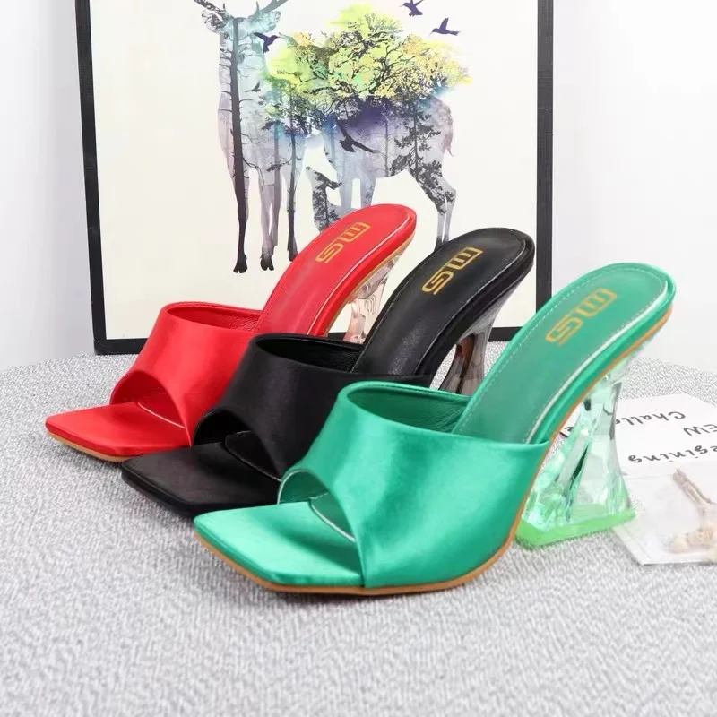 

Summer Shoes Women Sexy Slippers Smooth Satin Square Heel Slip-On Sandals Square Toe High Heels Wedding Party Fashion Pumps