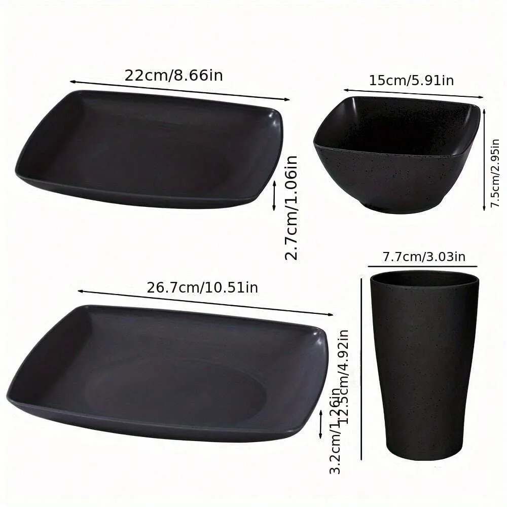 Tyrixma 16 Pcs Plastic Square Dinnerware Set - Durable Dishwasher Microwave , Stackable, Space-Saving - For 4 People, Includes Dinner Plates, Salad Plates, Snack Bowls, Tumblers 20 Oz.
