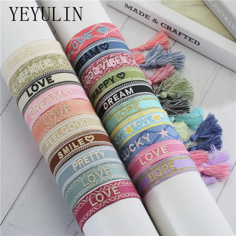 YEYULIN Ethnic Braided Fabric Bracelet for Women Men Love Hope Letter Charm Bracelets Handmade Adjustable Tassel Rope Jewelry