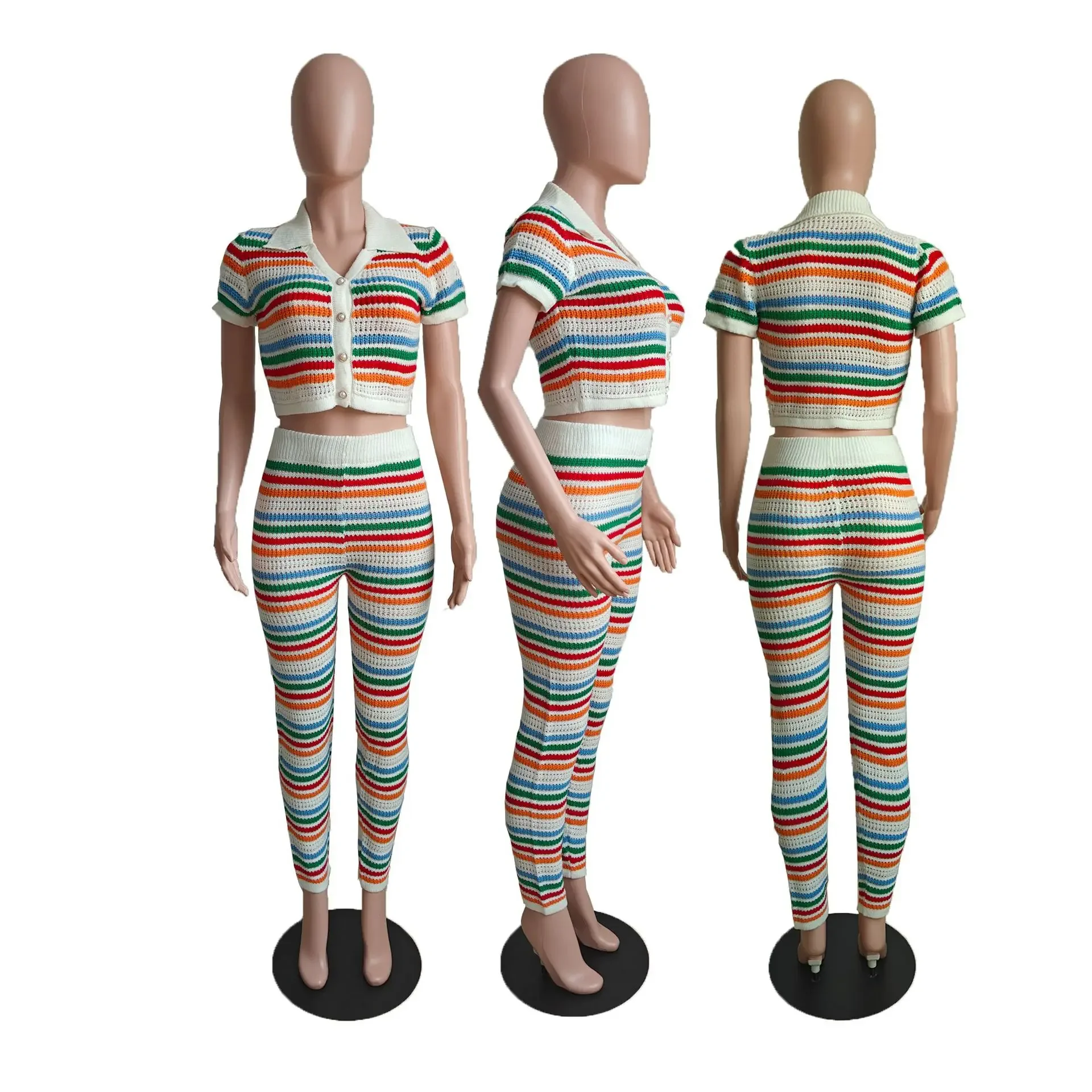 Women's Set Striped Knitted Short Sleeve Button Shirt and Pencil Pant 2024 Summer Two 2Piece Set Outfit Ribbed Tracksuit